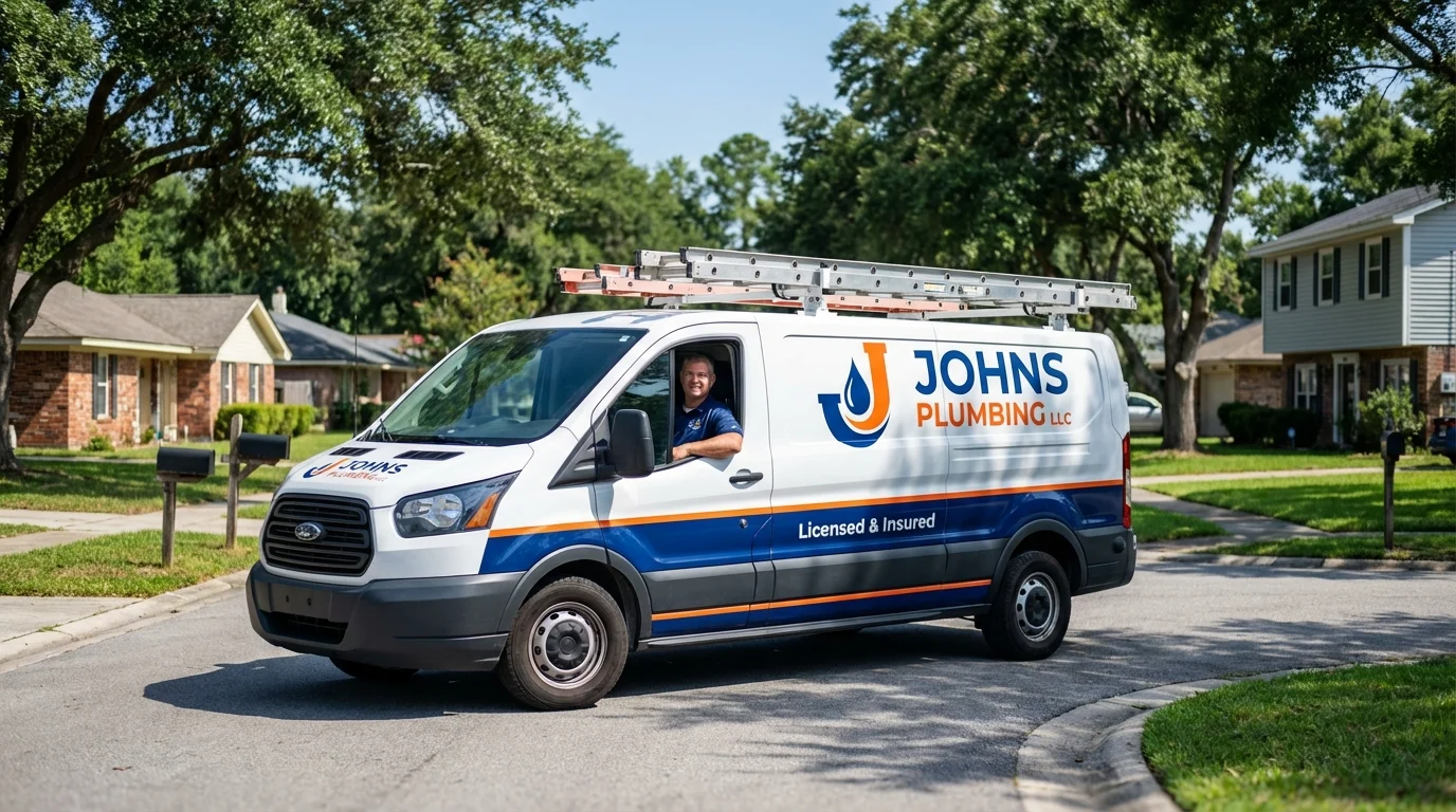 Johns Plumbing LLC service van in Bridgeport, NY