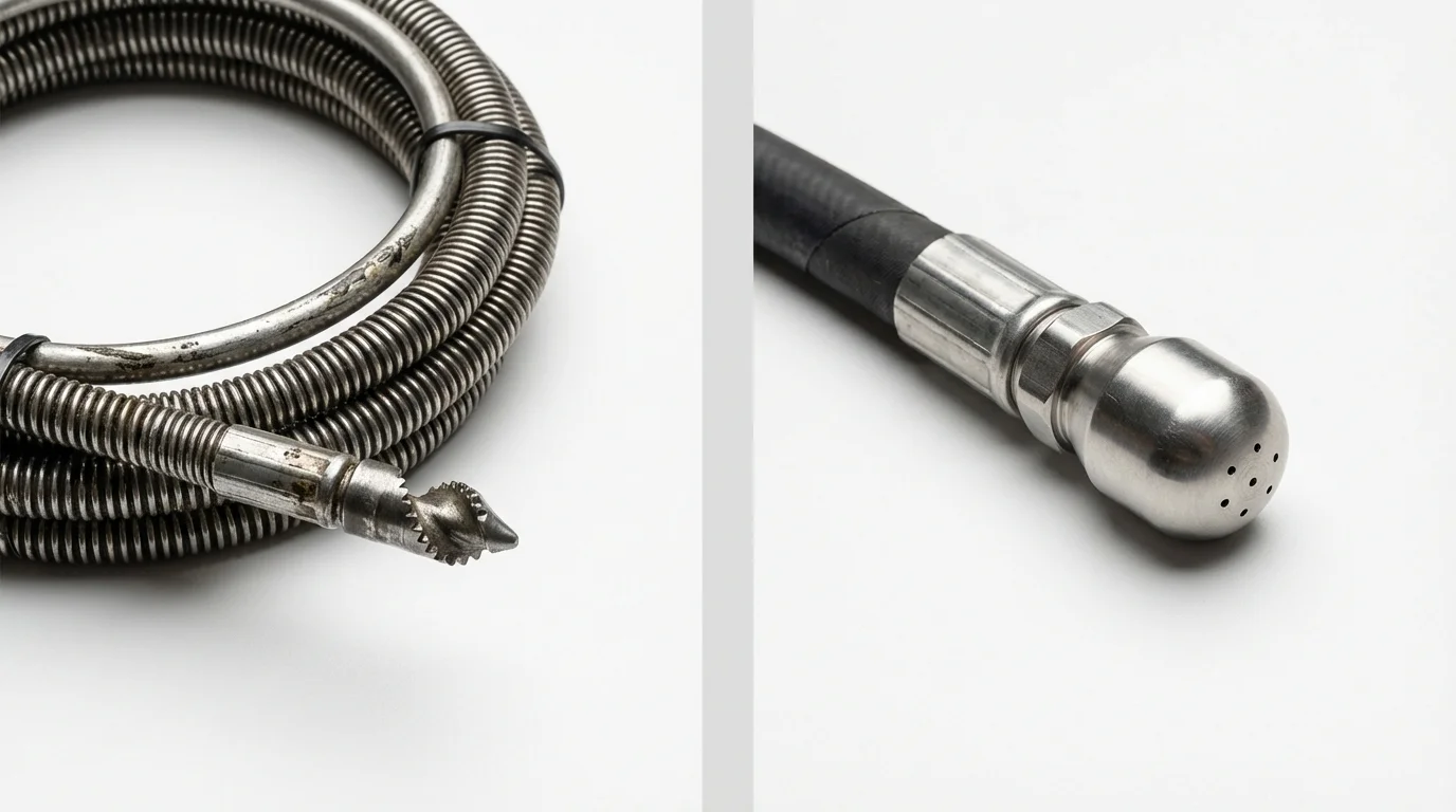 Drain snake cable and hydro jetting nozzle used for drain cleaning in Bridgeport, NY