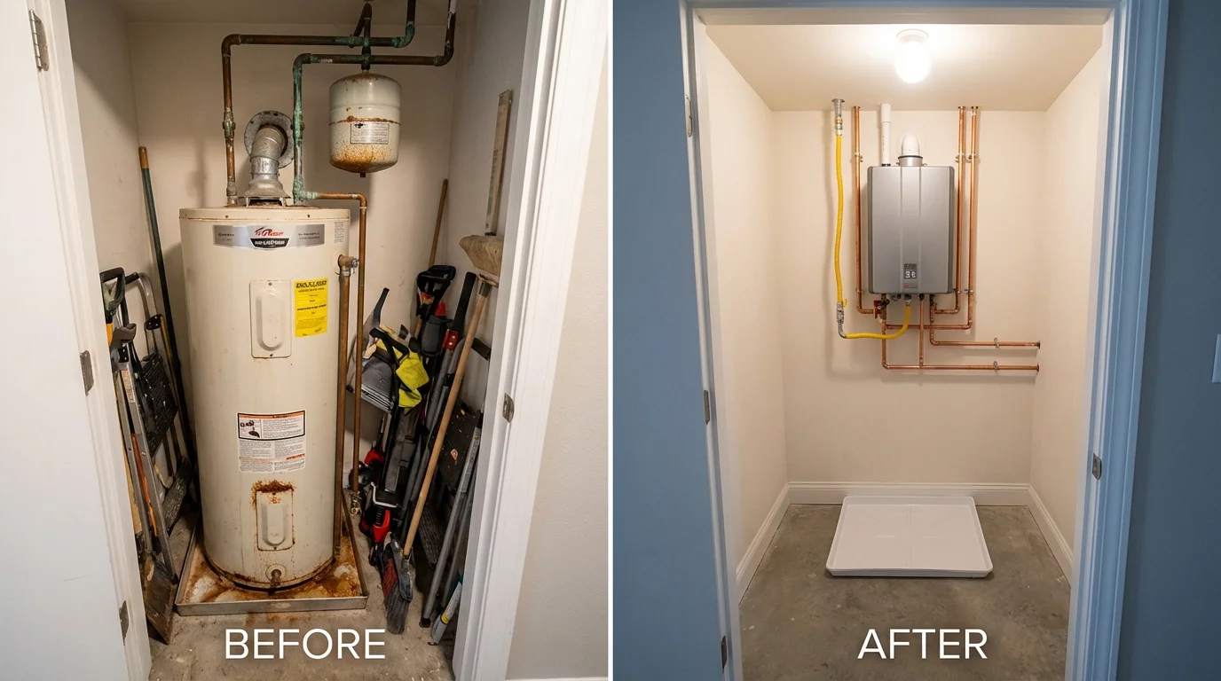 Tank water heater versus wall-mounted tankless unit comparison for Bridgeport, NY homeowners