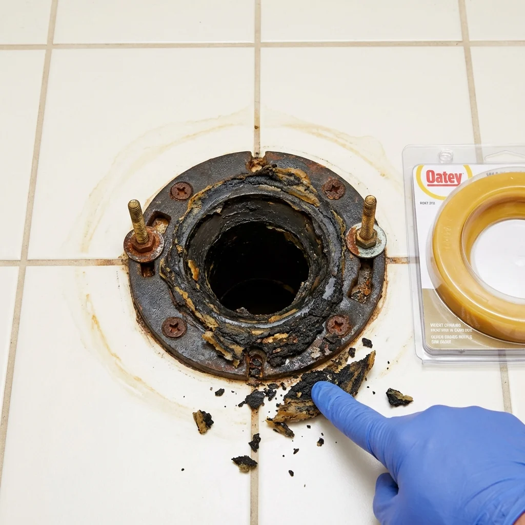 Failed wax ring showing water seepage at the base of a toilet in a Bridgeport, NY home