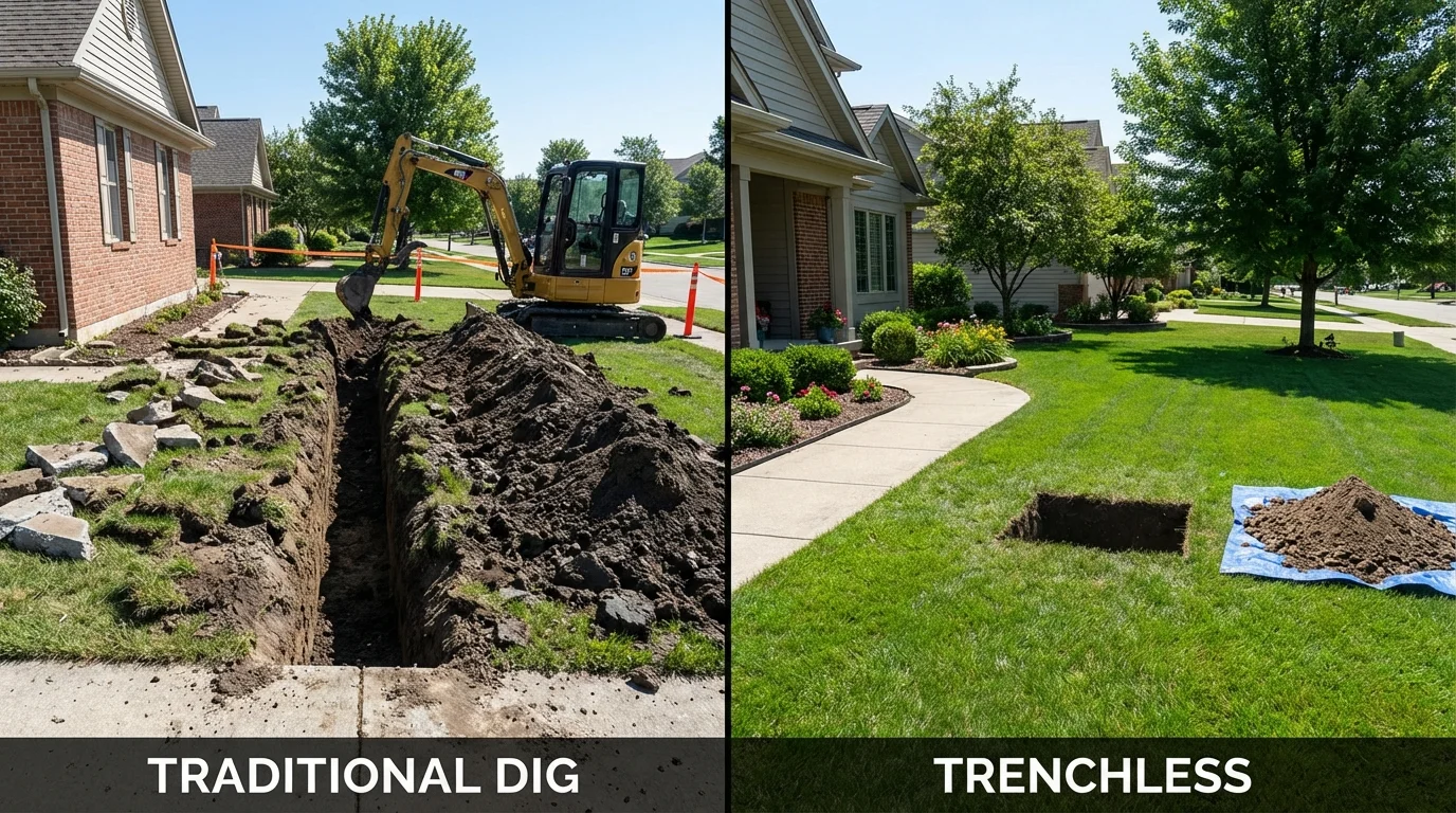 Trenchless sewer repair with minimal yard damage versus traditional excavation in Bridgeport, NY