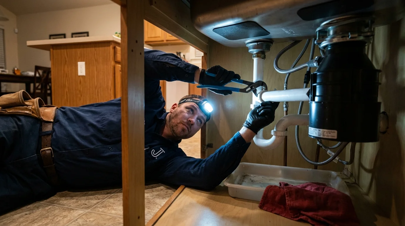 P-trap and supply line connections under a kitchen sink showing a common leak point in Bridgeport, NY